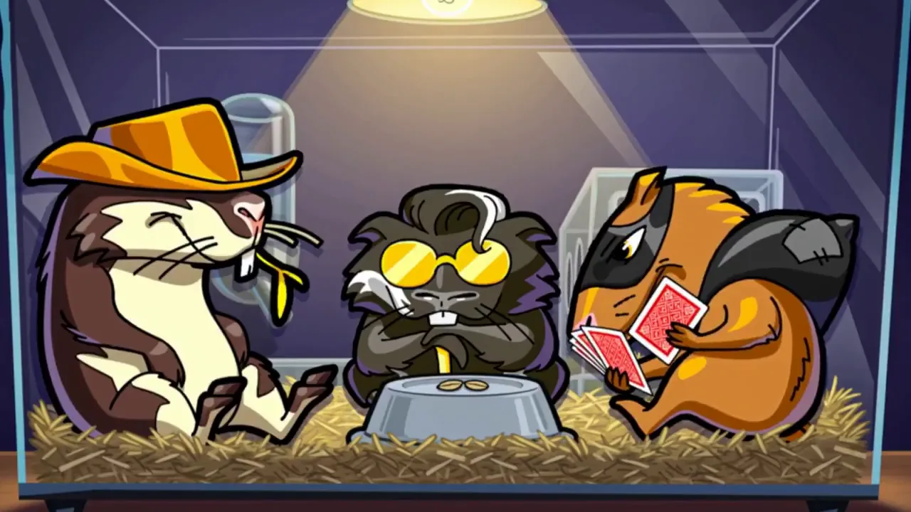 Oreo, Gold and Sparkles playing cards round the food bowl in their cage